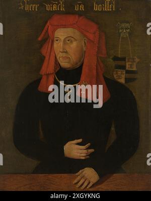 Portrait de Frank van Borselen (mort en 1470). Quatrième mari de Jacqueline de Bavière. Stadtholder de Zeeland. A mi-longueur, debout derrière une table en bois, légèrement tourné vers la gauche. Portant une chaîne avec la croix de l'ordre de Saint Antoine. Son blason en haut à droite. copie du xvie siècle d'après un original perdu datant d'environ 1435. Banque D'Images