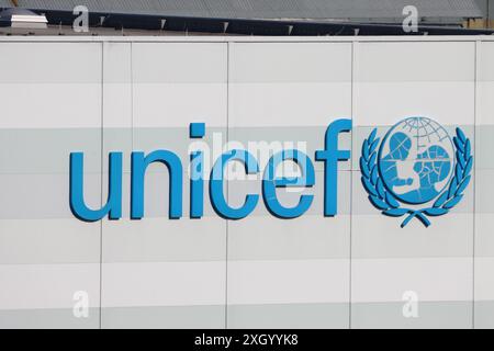 Logo de l'UNICEF sur leur siège d'approvisionnement et de logistique, Copenhague, Danemark Banque D'Images