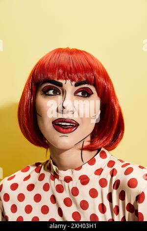 Une superbe femme rousse avec un maquillage pop art vibrant portant une blouse à pois sur un fond jaune. Banque D'Images