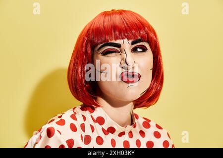 Un gros plan d'une jolie personne rousse avec un maquillage pop art créatif, portant une blouse à pois sur un fond jaune. Banque D'Images