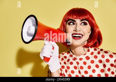 Une femme rousse vibrante dans une blouse à pois tient en toute confiance un mégaphone rouge et blanc sur un fond jaune. Banque D'Images