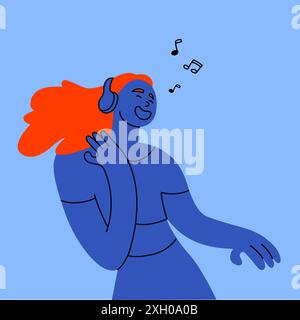 Personnage féminin heureux dessiné marchant et écoutant de la musique dans des écouteurs sur fond bleu. Émotions positives, sons relaxants. Vecteur créatif Illustration de Vecteur