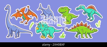 Ensemble de dinosaures mignons dans le style kawaii asiatique. Tyrannosaurus rex, stegosaurus, tricératops, ptérosaure, spinosaurus, ichtyosaure, diplodocus. Préhistorique Illustration de Vecteur