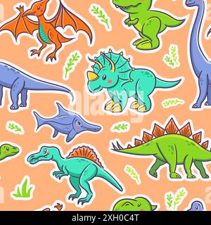 Modèle sans couture de dinosaures mignons dans le style kawaii asiatique. Tyrannosaurus rex, stegosaurus, tricératops, ptérosaure, spinosaurus, ichtyosaure, diplodocus Illustration de Vecteur