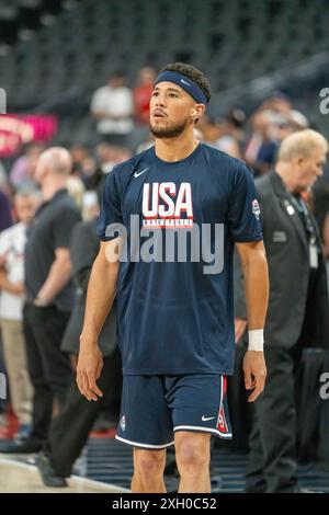 Devin Booker, Shooting Guard de Phoenix Suns, s'échauffe avant le match de basket-ball États-Unis vs Canada au T-Mobile Arena Banque D'Images