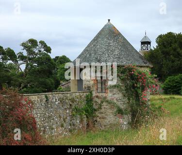 Beaulieu, Brockenhurst, Angleterre. 30 juin 2024. Musée national de l'automobile, Beaulieu. Maison de palais construite en pierre avec des roses sauvages grandissant le long du mur extérieur. Banque D'Images