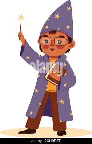 un garçon joyeux dans un costume de sorcier avec des étoiles avec une baguette magique avec une étoile dans une casquette s'amuse Illustration de Vecteur