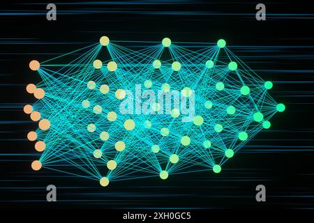 Des couches de nœuds lumineux s'interconnectant à la couche suivante de neurones par des lignes vertes bleutées sur fond noir. Illustration du concept de neurone profond Banque D'Images