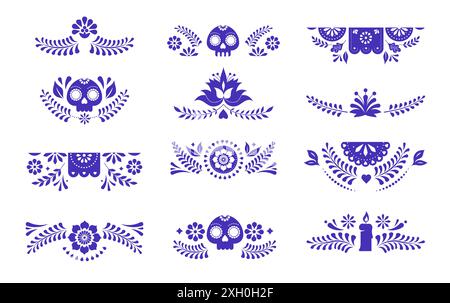Cadres décoratifs mexicains et frontières, collection vectorielle colorée. Fleurs, guirlandes en papier, coins de crânes, bordures, cadres Illustration de Vecteur