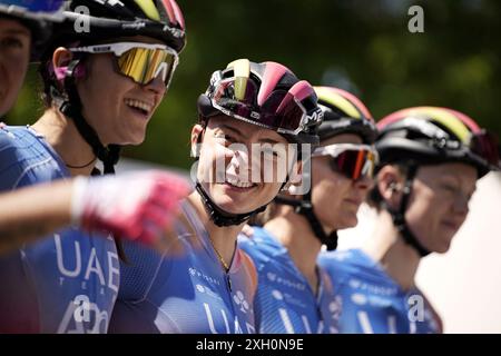 Frontone, Italie. 11 juillet 2024. Consonni Chiara (UAE Team ADQ) lors de la 5ème étape du Giro d'Italia Women, de Frontone à Foligno, Italie jeudi 11 juillet 2024. Sport - cyclisme . (Photo de Marco Alpozzi/Lapresse) crédit : LaPresse/Alamy Live News Banque D'Images