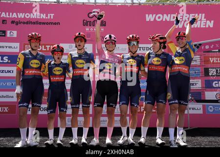 Frontone, Italie. 11 juillet 2024. ELISA Longo Borghini (Lidl - Trek) maillot rose, lors de la 5ème étape du Giro d'Italia Women, de Frontone à Foligno, Italie jeudi 11 juillet 2024. Sport - cyclisme . (Photo de Massimo Paolone/LaPresse) crédit : LaPresse/Alamy Live News Banque D'Images