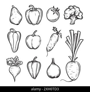 Ensemble de motifs légumes et fruits, Doodle concept végétarien doodle Organic Doodle food, cultiver des aliments Illustration de Vecteur