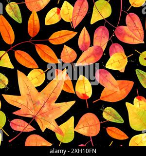 Imprimé aquarelle botanique avec feuilles d'automne jaune et orange, motif sans couture sur le noir Banque D'Images