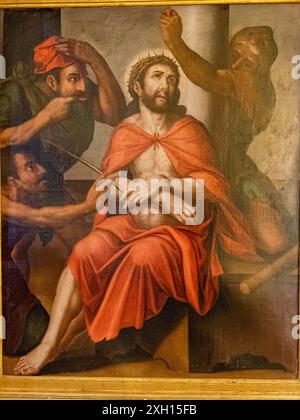 Christ moqué par les bourreaux, huile sur toile, XVIe siècle, église de San Bartolome, Atienza, province de Guadalajara, Espagne Banque D'Images