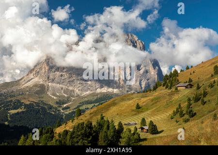 Vue depuis le col de Gardena jusqu'au Sassolungo, Tyrol du Sud Banque D'Images