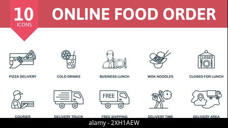 Jeu d'icônes de ligne fine de commande de produits alimentaires en ligne. Livraison de pizzas, boissons froides, déjeuner d'affaires, nouilles wok, fermé pour le déjeuner, courrier, camion de livraison, gratuit Illustration de Vecteur