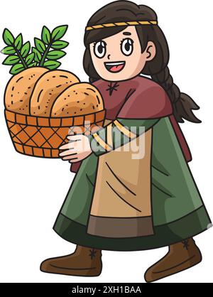 Viking enfant avec panier de pain Cartoon Clipart Illustration de Vecteur