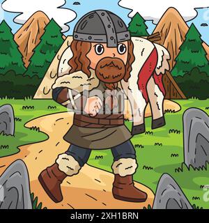 Viking avec une illustration de dessin animé coloré Hunt Illustration de Vecteur