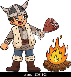 Viking rôtissant de la viande sur un Clipart de dessin animé Bonfire Illustration de Vecteur