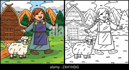 Viking enfant avec Sheep Coloring page illustration Illustration de Vecteur