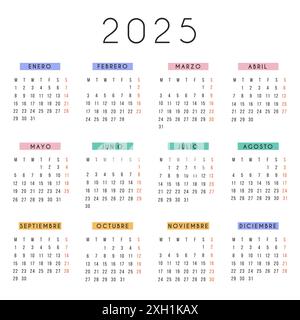 Calendrier espagnol 2025 année. La semaine de calendrier de papeterie carrée de vecteur commence lundi. Organisateur annuel. Modèle de calendrier simple dans un design minimal Illustration de Vecteur