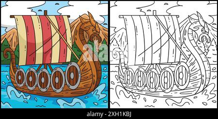 Viking Ship Coloriage page illustration colorée Illustration de Vecteur