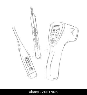 Thermomètre différents types régulier, sans contact, composition électronique à des fins médicales dessin dans un style graphique sur fond blanc Illustration de Vecteur