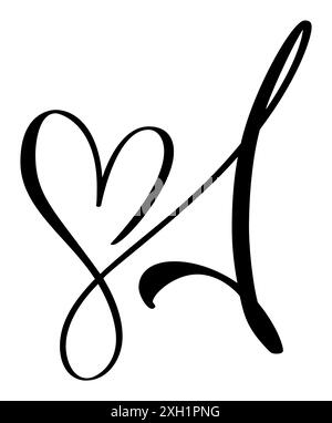 Calligraphie vectorielle dessinée à la main lettre d'amour A. logo de police majuscule script. Style pinceau manuscrit fleuri. Monogramme coeur vintage. Elément Valentine Illustration de Vecteur