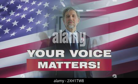 Homme d'affaires AMÉRICAIN avec des stands de badge et regarde la caméra. Animation 3D du drapeau américain agitant. La publicité appelle à voter pour les élections présidentielles ou du Congrès aux États-Unis d'Amérique. Banque D'Images