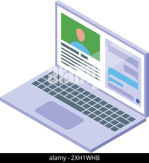 L'ordinateur portable moderne est ouvert et affiche un profil de médias sociaux et une fenêtre de chat active Illustration de Vecteur