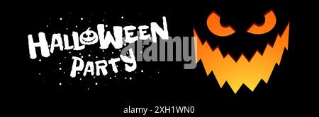 Concept de conception de bannière horizontale de bonne fête d'Halloween. Lanterne Jack citrouille sculptée visage souriant effrayant sur fond noir et inscription de dessin. Affiche d'eps des fêtes du mois d'octobre 31 à faire un tour ou un cadeau Illustration de Vecteur
