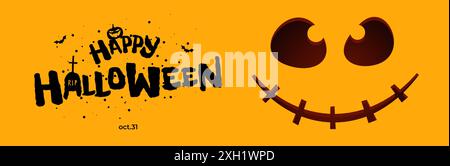 Happy Halloween Party conception de bannière horizontale. Lanterne Jack citrouille sculptée visage souriant effrayant sur fond orange et inscription dessinée à la main avec pierre tombale. Trick or Treat octobre 31. EPS Illustration de Vecteur