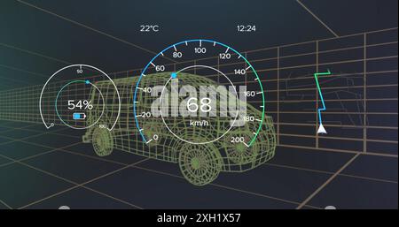 Image du compteur de vitesse et du niveau de puissance sur le projet de fourgonnette sur fond noir. Énergie verte, voitures électriques, design et concept technologique génériques numériques Banque D'Images