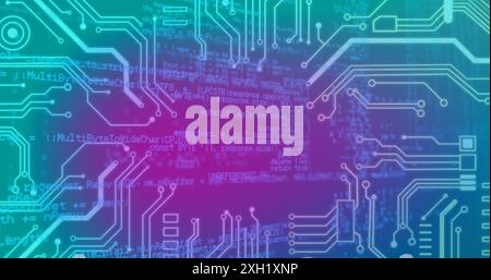 Composite d'un fond dégradé bleu et violet avec une carte de circuit imprimé du microprocesseur au premier plan. Technologie et identité et peut être utilisé fo Banque D'Images