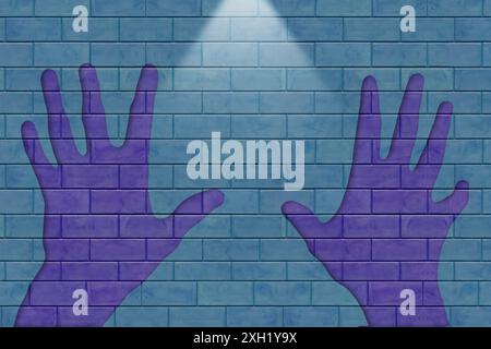 Mains sur un mur de briques peintes encadrent un espace pour les œuvres d'art, copie, texte ou quoi que ce soit. Une lumière attire également l'attention sur le centre de cette illustration 3D. Banque D'Images