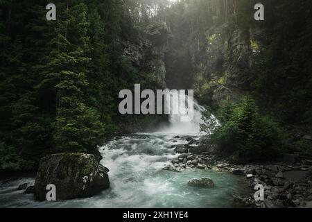 Cascades de Riva dans la forêt du parc naturel Rieserferner-Ahrn du Tyrol du Sud. Vallée d'Aurina, Campo Tures. Italie Banque D'Images