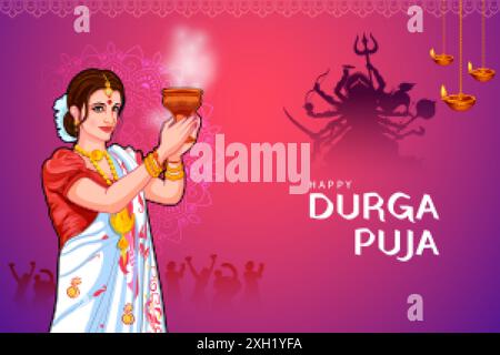 Illustration de la déesse Durga dans Happy Durga Puja Subh Navratri conception religieuse indienne Illustration de Vecteur