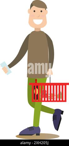 Illustration vectorielle de l'acheteur mâle avec panier plein de produits d'épicerie. Les gens magasinant l'élément de conception de style plat, icône isolé sur fond blanc Illustration de Vecteur