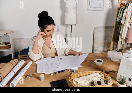 Une jeune femme dans une tenue décontractée à une table. Banque D'Images