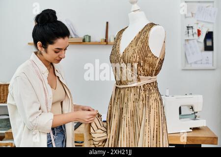 Jeune femme upcycling vêtements, travaillant sur la robe sur mannequin. Banque D'Images