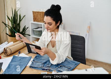 Jeune femme upcycling vêtements créativement, concept respectueux de l'environnement. Banque D'Images