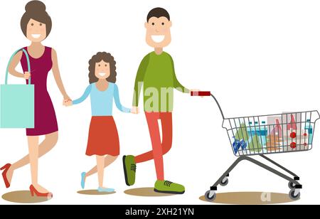 Illustration vectorielle du père, de la mère et de la fille faisant du shopping à l'épicerie. Les gens magasinant l'élément de conception de style plat, icône isolé sur blanc Illustration de Vecteur