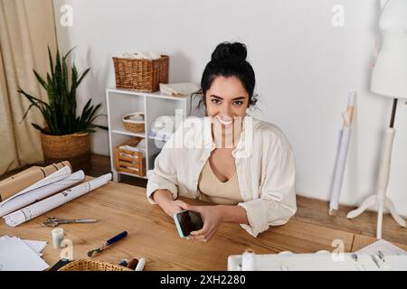 Jeune femme dans une tenue décontractée de façon créative upcycling vêtements tout en tenant le téléphone portable. Banque D'Images