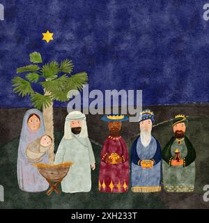 Scène de la Nativité, bébé Jésus enveloppé, Marie, Joseph, mangeoire, étoile, magi avec cadeaux carte aquarelle isolé sur blanc. Illustration de haute qualité pour cartes Banque D'Images