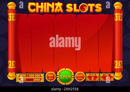 Conception d'interface utilisateur de jeu de machine à sous de casino. Concept d'application mobile de jeu pour le jeu de casino à thème chinois. Fond rouge Illustration de Vecteur