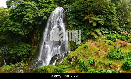 La célèbre cascade du parc naturel de Ribeira dos Caldeirões, Achada, région du Nordeste, île de São Miguel, Açores Banque D'Images