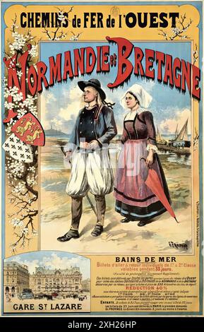 Affiche de voyage vintage - FRAIPONT Gustave (1849-1923) - chemins de fer de l'Ouest, Normandie et Bretagne, bains de mer, v. 1890. Banque D'Images