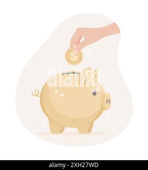 Une main mettant une pièce dans une tirelire dorée. Illustration vectorielle plate Illustration de Vecteur