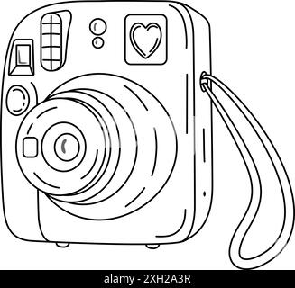 Dispositif de caméra instantanée, ligne optimisée Caméra photographique dessinée à la main page de coloriage de style doodle. Icône pour sites Web ou applications mobiles. Flash et objectif visibles. Illustration vectorielle Illustration de Vecteur