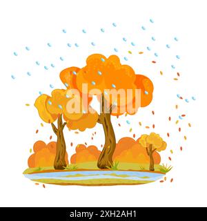 Arbres d'automne, arbustes et pluie. Feuilles jaunes tombant dans le vent. Jardin de saison automnale ou feuillage d'arbres forestiers d'automne. Météo automnale et nature. Vecteur Illustration de Vecteur